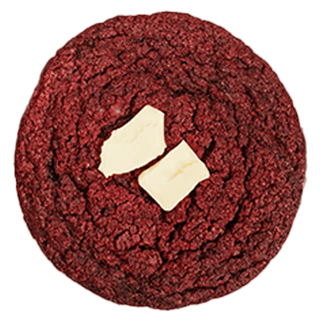 Red Velvet with White Chocolate Filling cookie, seen from above